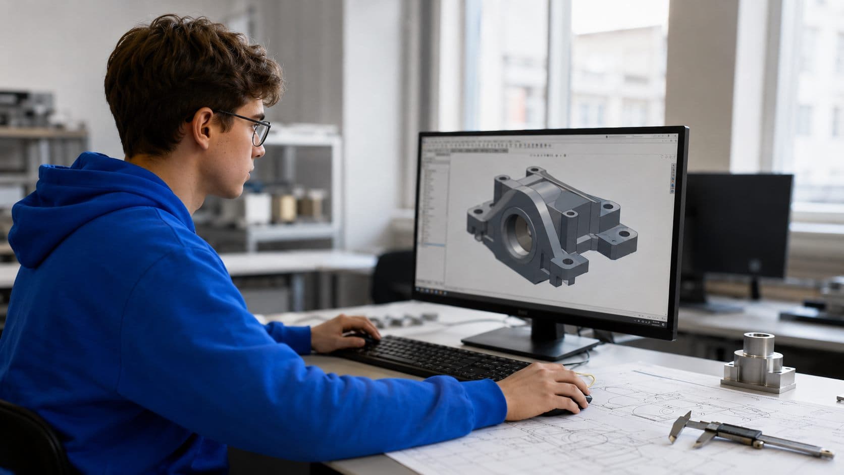 Инженер-конструктор моделирует деталь в CAD-программе
